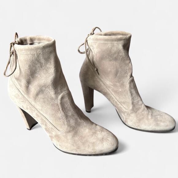 Stuart Weitzman Designer Suede Ankle Boots‎ Taupe Block Heel Tie-Back 9.5 - Picture 3 of 9